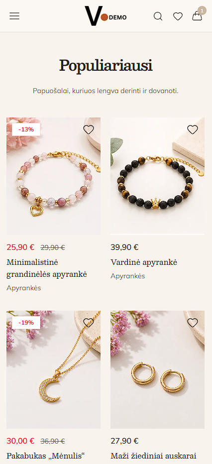 Papuošalų ir aksesuarų Vendis el. parduotuvės šablono vaizdas telefone