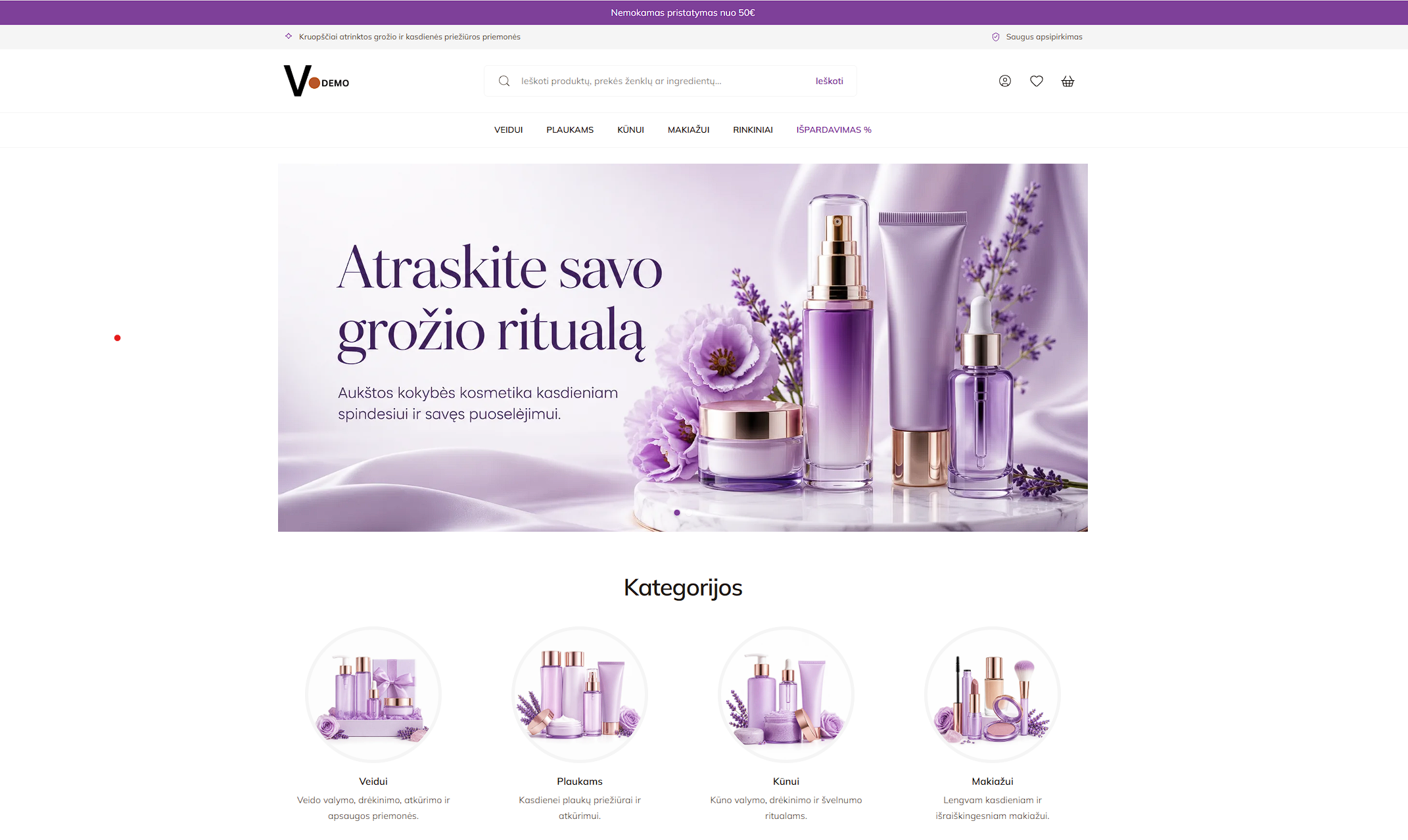 Grožio ir kosmetikos Vendis el. parduotuvės šablono vaizdas kompiuteryje