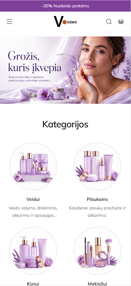 Grožio ir kosmetikos Vendis el. parduotuvės šablono vaizdas telefone