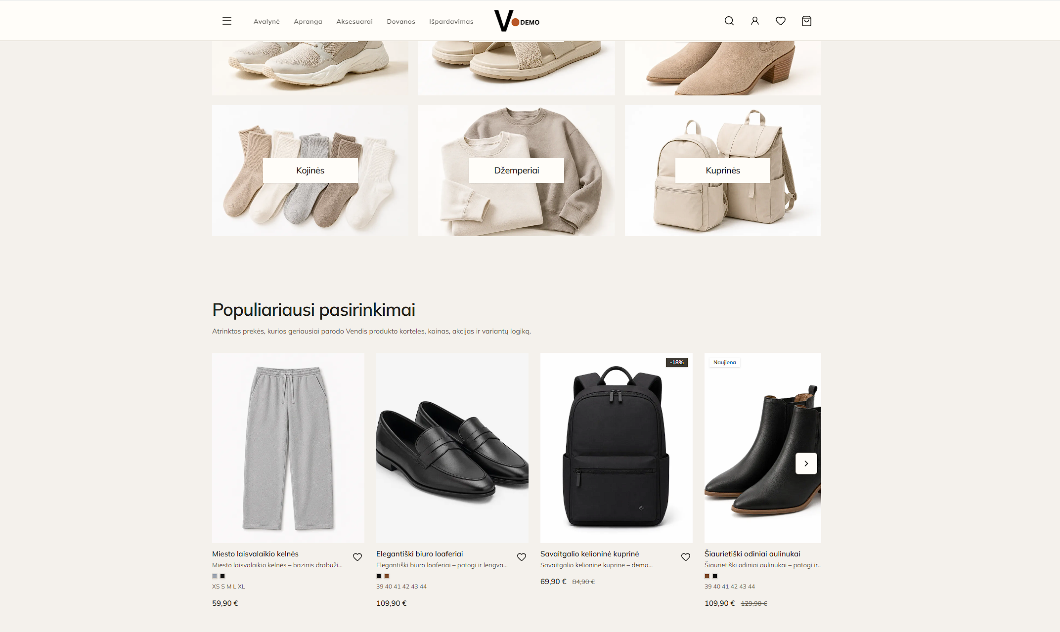 Drabužių ir avalynės Vendis el. parduotuvės šablono vaizdas kompiuteryje