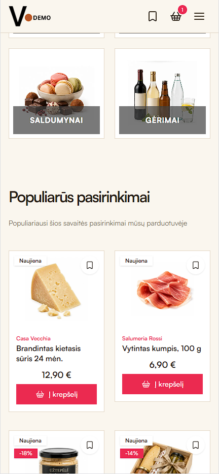 Maisto ir gėrimų Vendis el. parduotuvės šablono vaizdas telefone